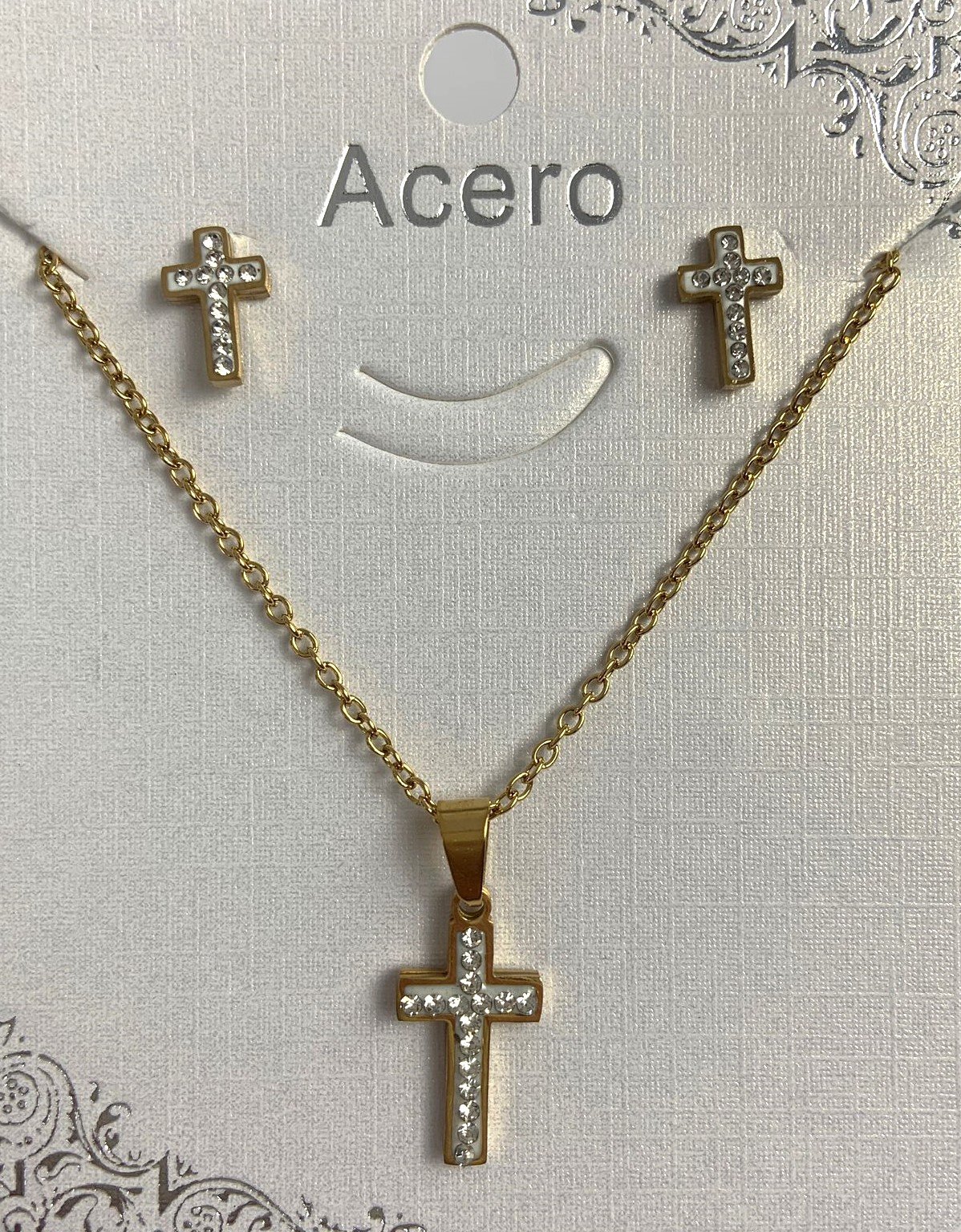 Conjunto de Colgante y Pendientes de Acero CRUZ Dorado Brillo