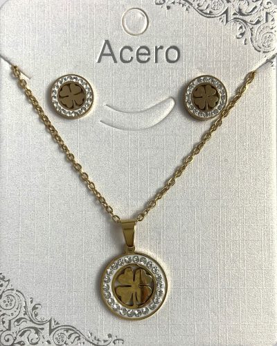 Conjunto de Colgante y Pendientes de Acero TREBOL Dorado Brillo