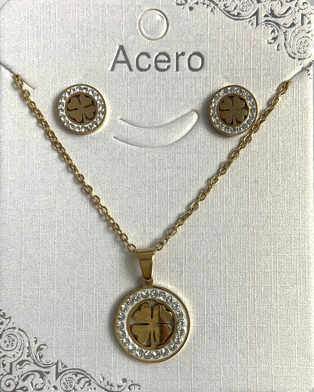 Conjunto de Colgante y Pendientes de Acero TREBOL Dorado Brillo