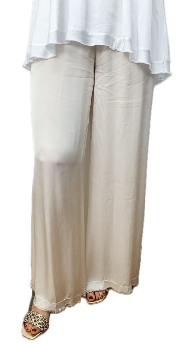 Pantalón Satinado Fluido Ancho Cintura Elástica Tela Viscosa – Pantalón Roma Beige