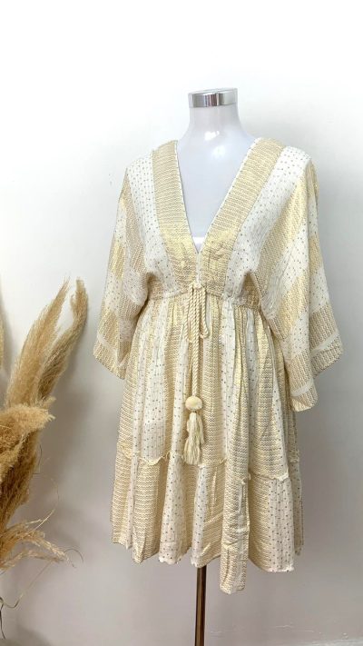 Vestido Boho Corto Chic Color Blanco y Dorado – Vestido Italia