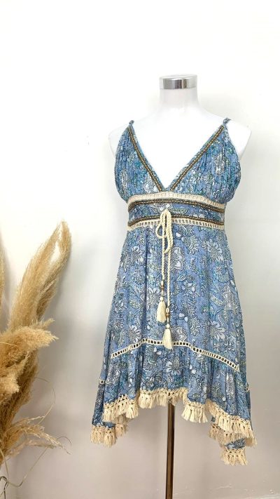 Vestido Boho Corto Estampado Color Azul – Vestido Amanecer Tribal Azul