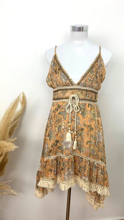 Vestido Boho Corto Estampado Color Camel – Vestido Amanecer Tribal Camel