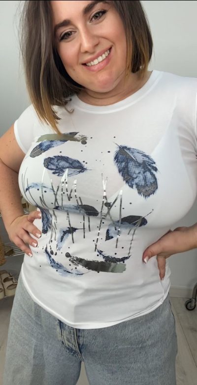 Camiseta manga corta de algodón – Pluma Azúl Talla Pequeña (S – M – L)