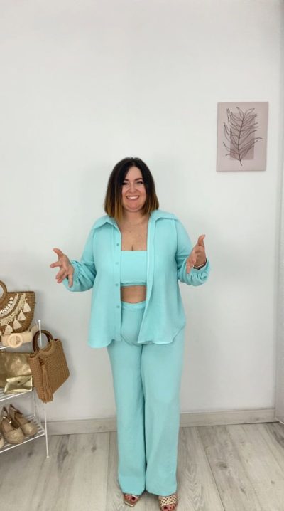 Conjunto 3 piezas – Top, Camisa y Pantalón de pata ancha – Conjunto Jerez Verde Agua