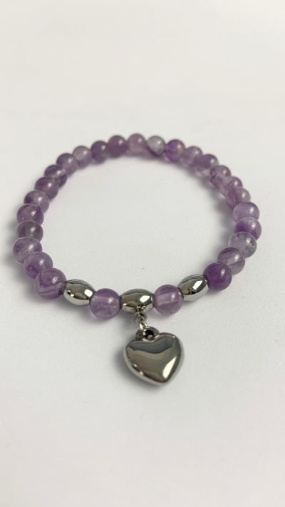 Pulsera de piedra natural y corazón de acero – Pulsera AMATISTA