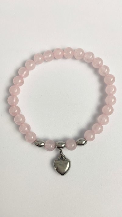 Pulsera de piedra natural y corazón de acero – Pulsera CUARZO ROSA