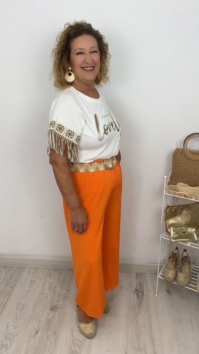 Pantalón cintura fruncida con cinturón – Pantalón Marisa color Naranja